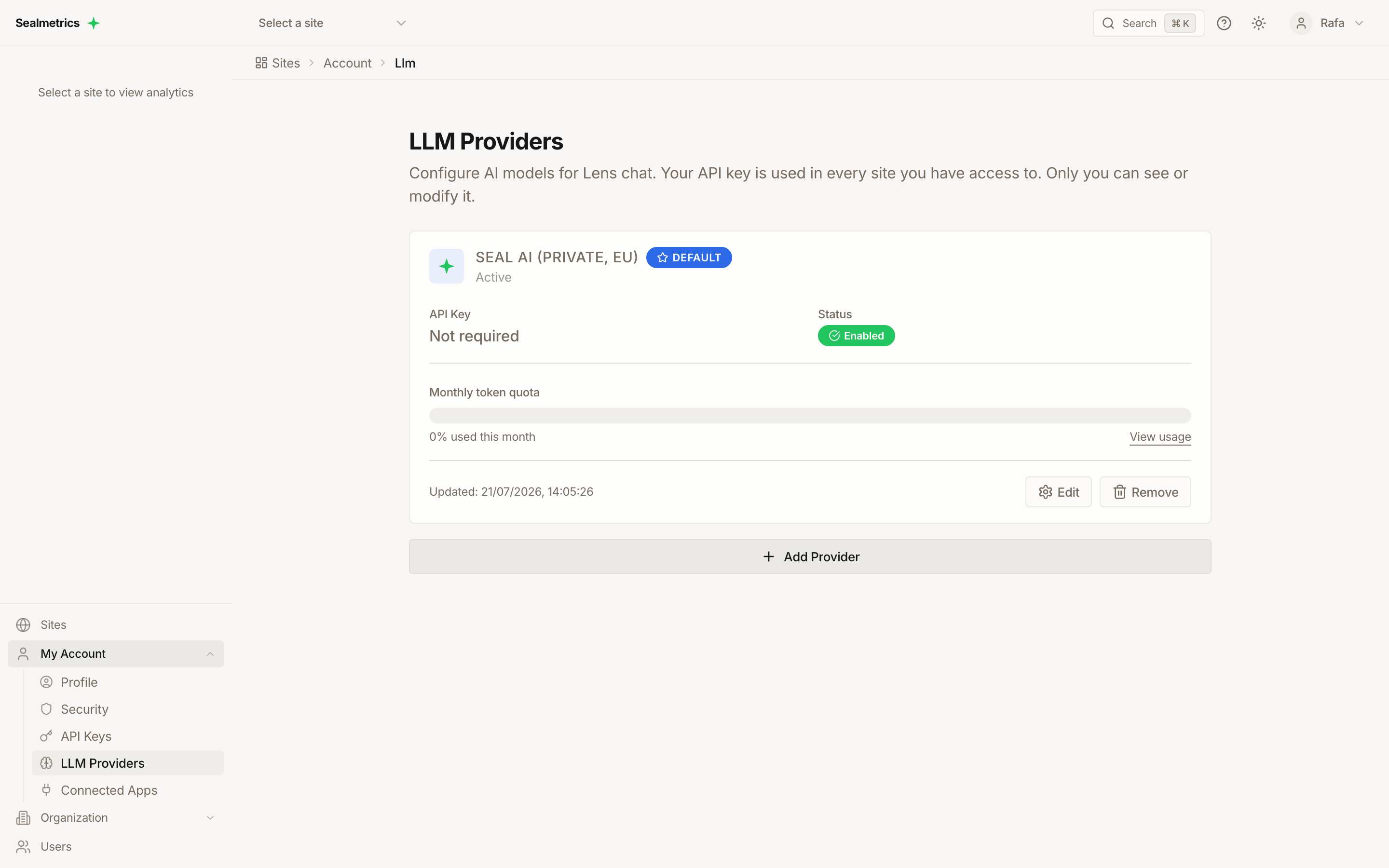 LLM Providers page showing the Seal AI (Private, EU) provider card set as default, with its monthly token quota and the Add Provider button