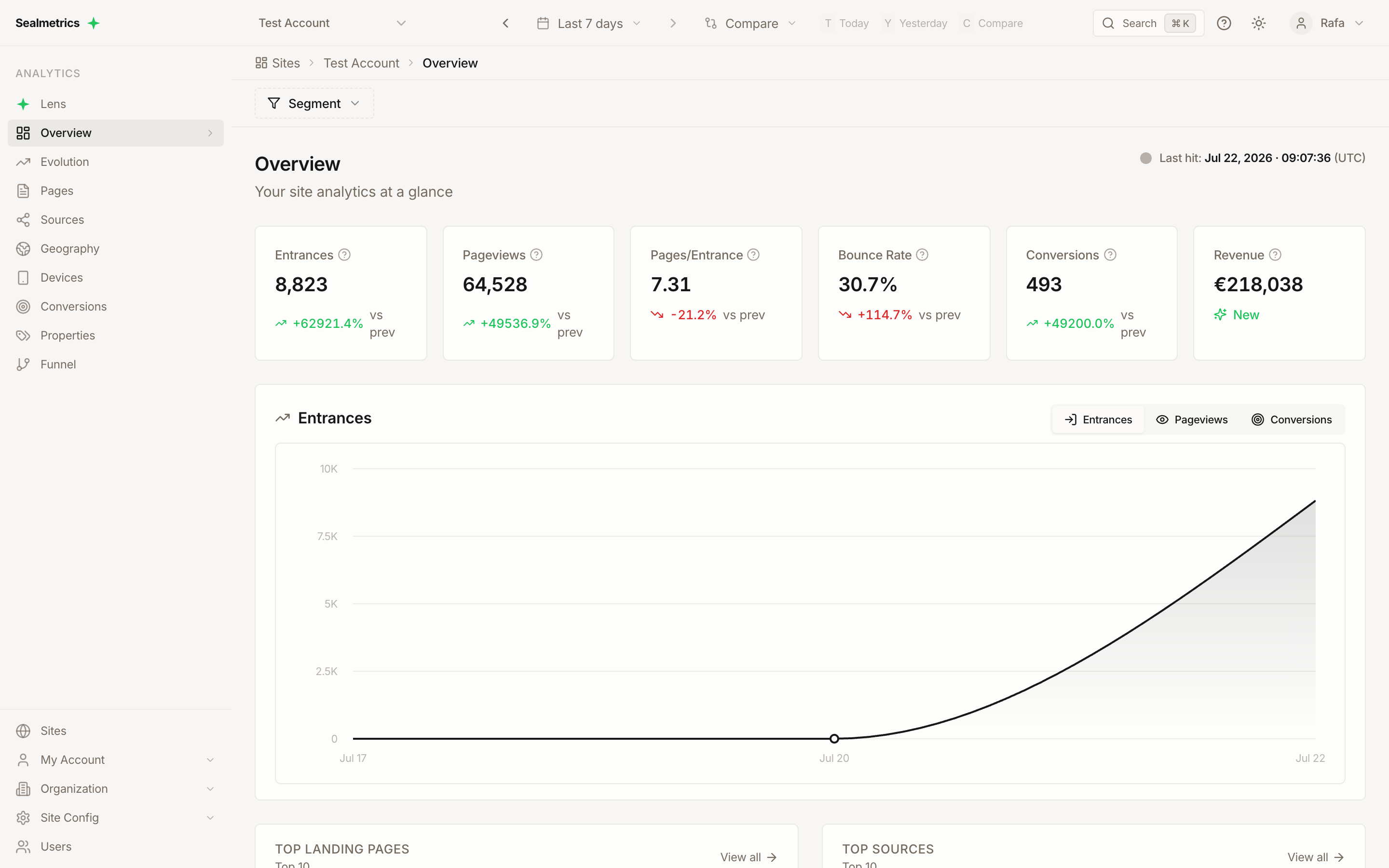Overview report showing stat cards for entrances, pageviews, bounce rate, conversions and revenue, with the entrances trend chart