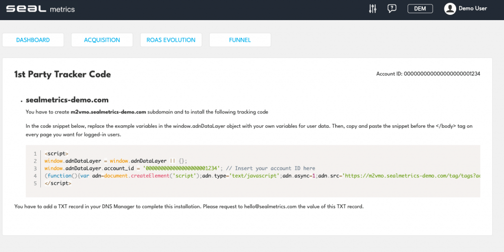 Sealmetrics tracker code setup screenshot