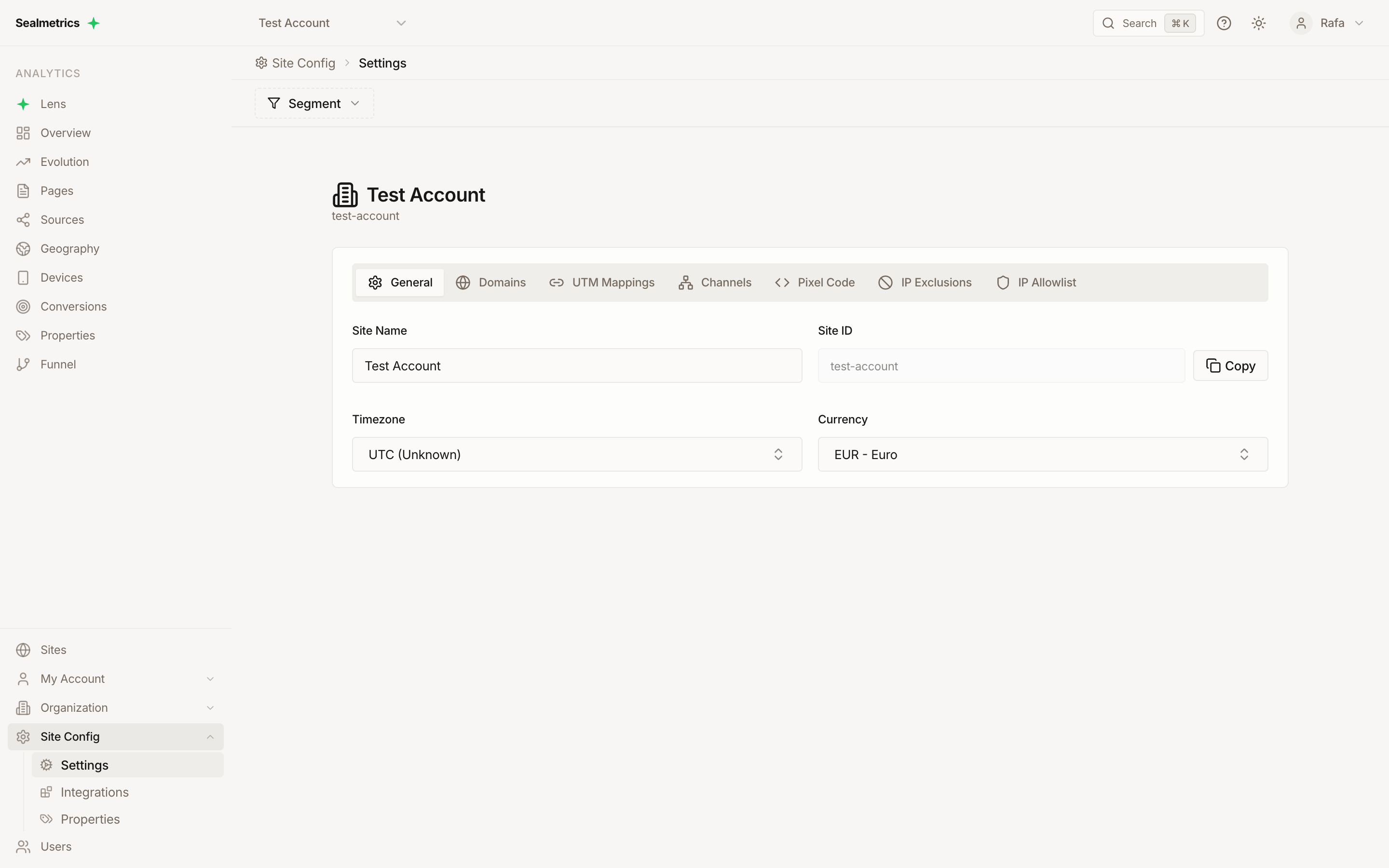 Site Settings page on the General tab, with fields for site name, site ID, timezone and currency